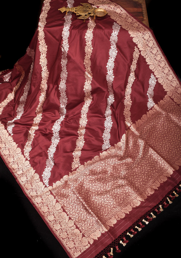 Maroon Banarasi Pure Katan Silk Saree with Kadhuwa Jungla Leheriya Jaal and Zari Border | SILK MARK CERTIFIED