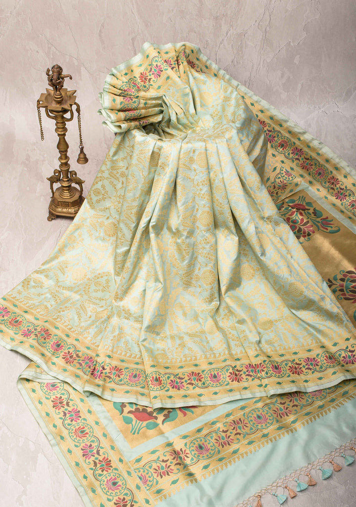 Sage Green Banarasi Katan Silk Saree with Floral Jaal and Paithani Style Meenakari Borders | SILK MARK CERTIFIED