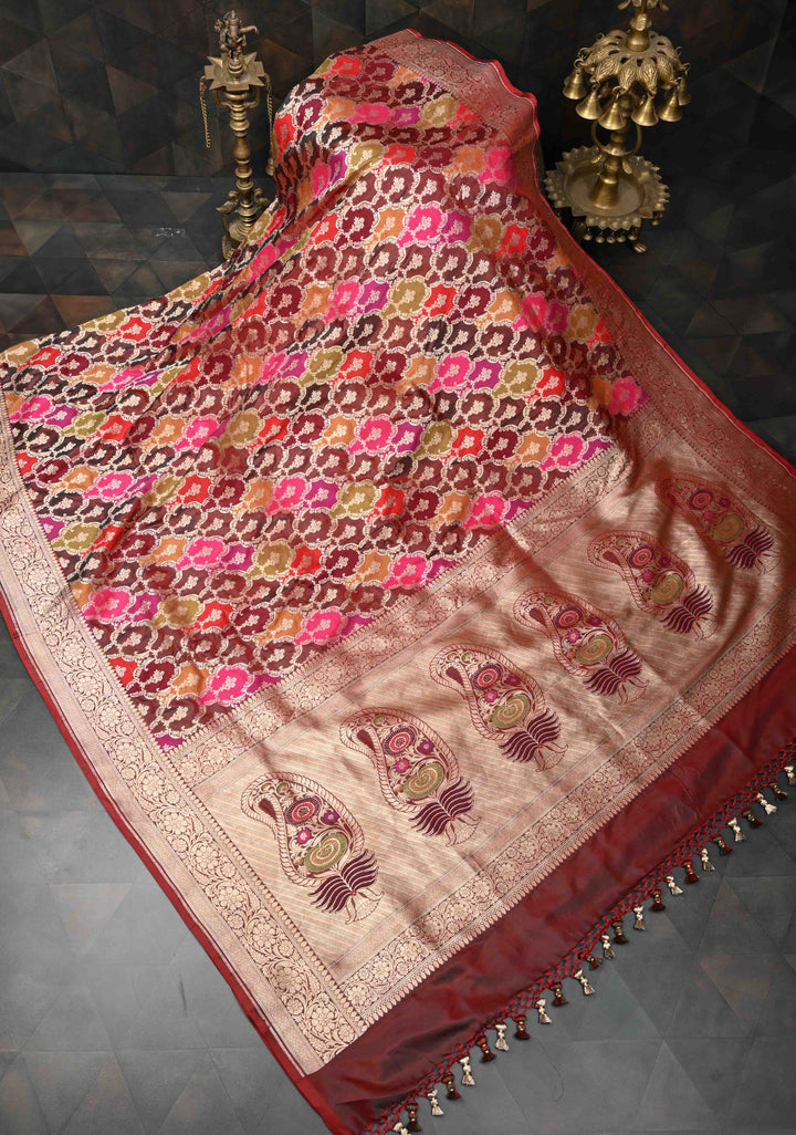 Multicolor Exquisite Rangkaat Design Floral Jaal Banarasi Katan Silk Saree with Zari Border | SILK MARK CERTIFIED