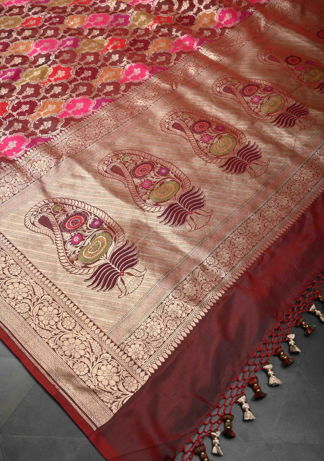 Multicolor Exquisite Rangkaat Design Floral Jaal Banarasi Katan Silk Saree with Zari Border | SILK MARK CERTIFIED