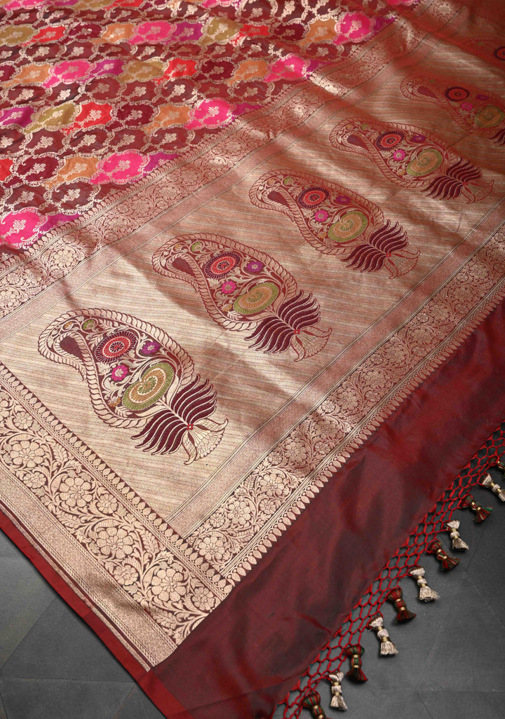 Multicolor Exquisite Rangkaat Design Floral Jaal Banarasi Katan Silk Saree with Zari Border | SILK MARK CERTIFIED