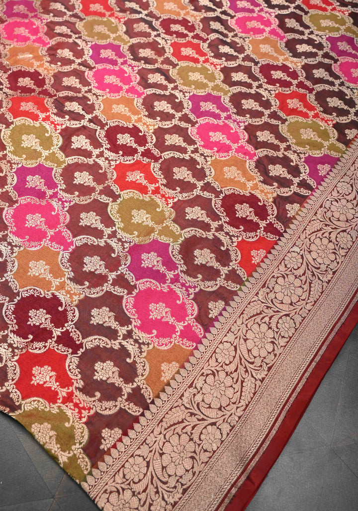 Multicolor Exquisite Rangkaat Design Floral Jaal Banarasi Katan Silk Saree with Zari Border | SILK MARK CERTIFIED