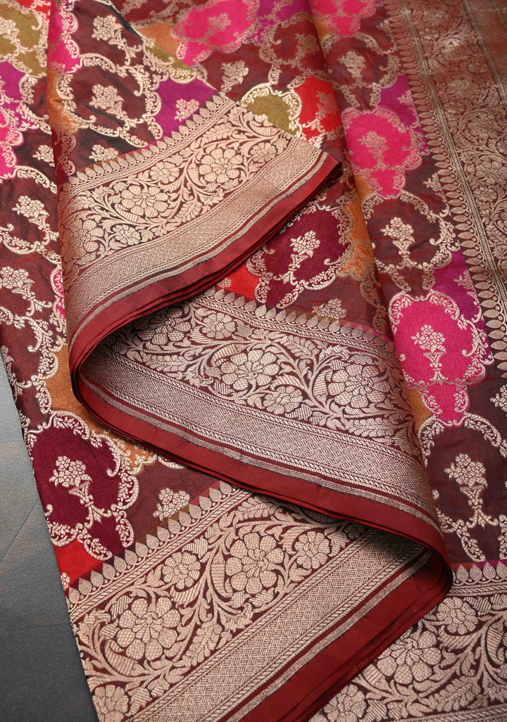 Multicolor Exquisite Rangkaat Design Floral Jaal Banarasi Katan Silk Saree with Zari Border | SILK MARK CERTIFIED