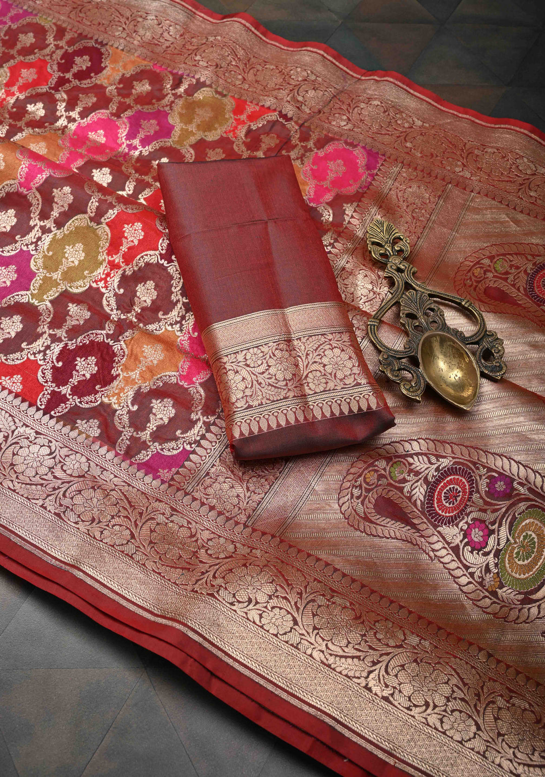 Multicolor Exquisite Rangkaat Design Floral Jaal Banarasi Katan Silk Saree with Zari Border | SILK MARK CERTIFIED