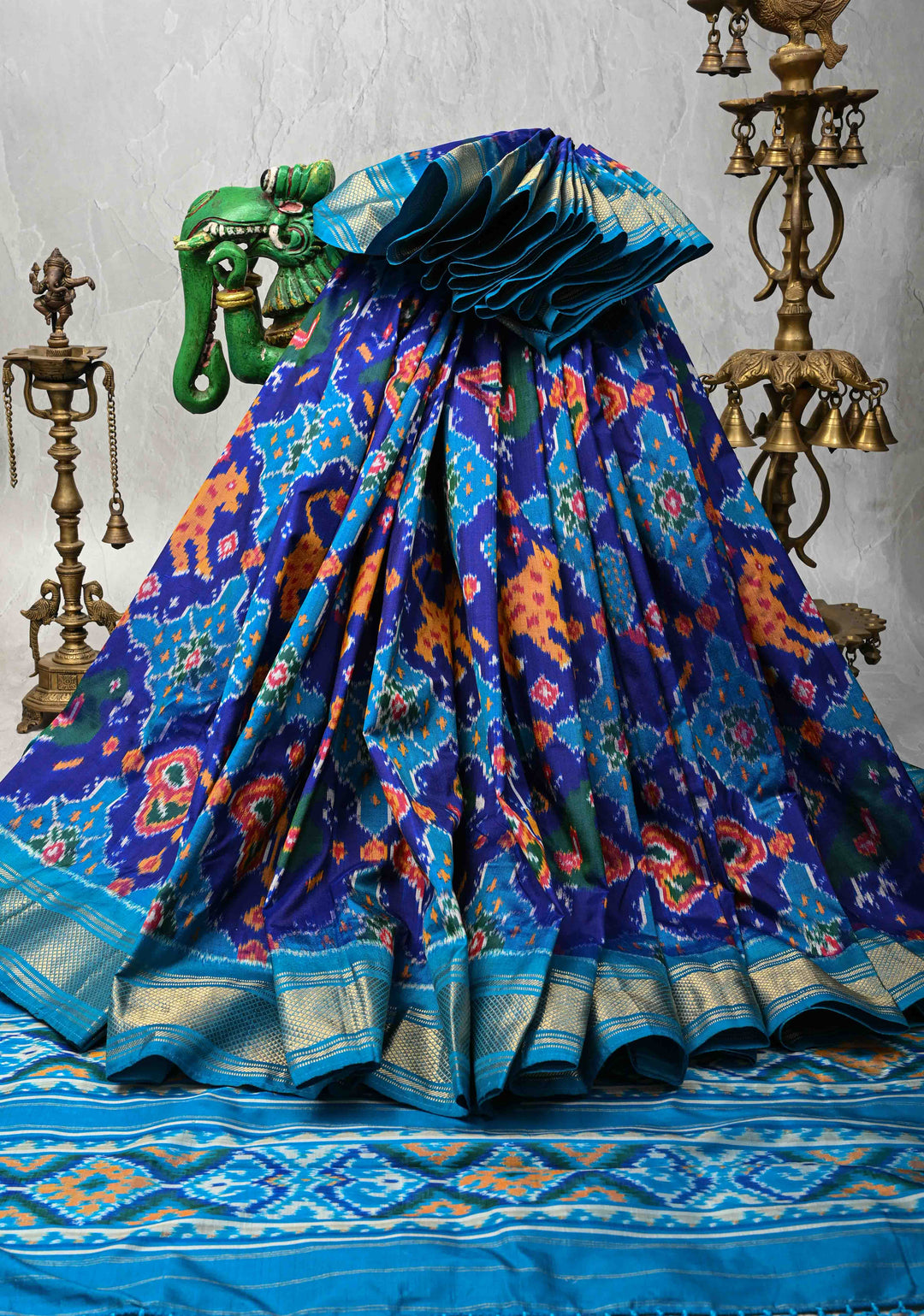 Ink Purple-Blue Pochampally Ikkat Pure Silk Saree with Vanasingaram Brocade and Zari Border | SILK MARK CERTIFIED