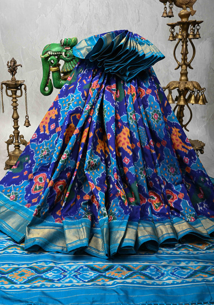 Ink Purple-Blue Pochampally Ikkat Pure Silk Saree with Vanasingaram Brocade and Zari Border | SILK MARK CERTIFIED