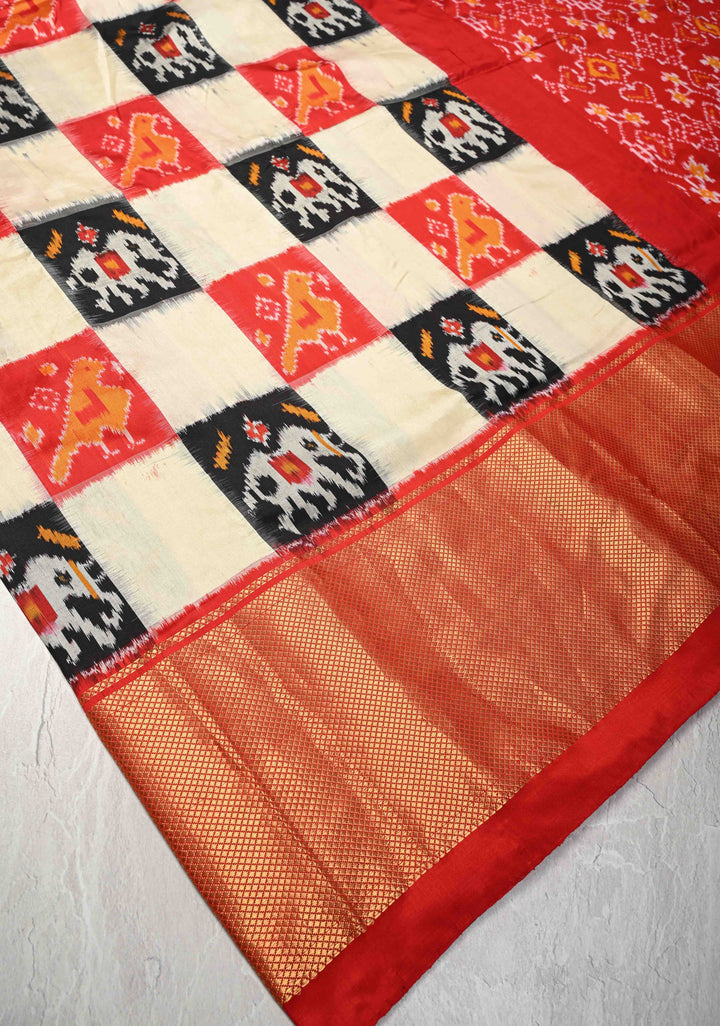 Multicolor Pochampally Ikkat Pure Silk Saree with Checkerboard Pattern and Zari Border | SILK MARK CERTIFIED