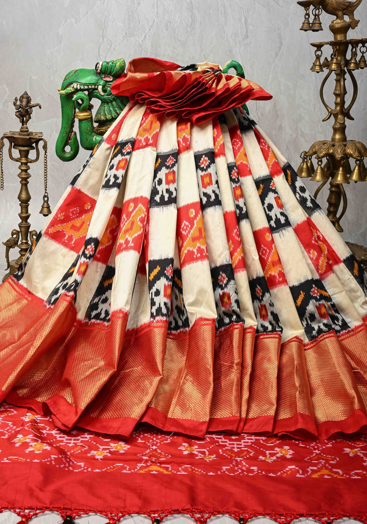 Multicolor Pochampally Ikkat Pure Silk Saree with Checkerboard Pattern and Zari Border | SILK MARK CERTIFIED