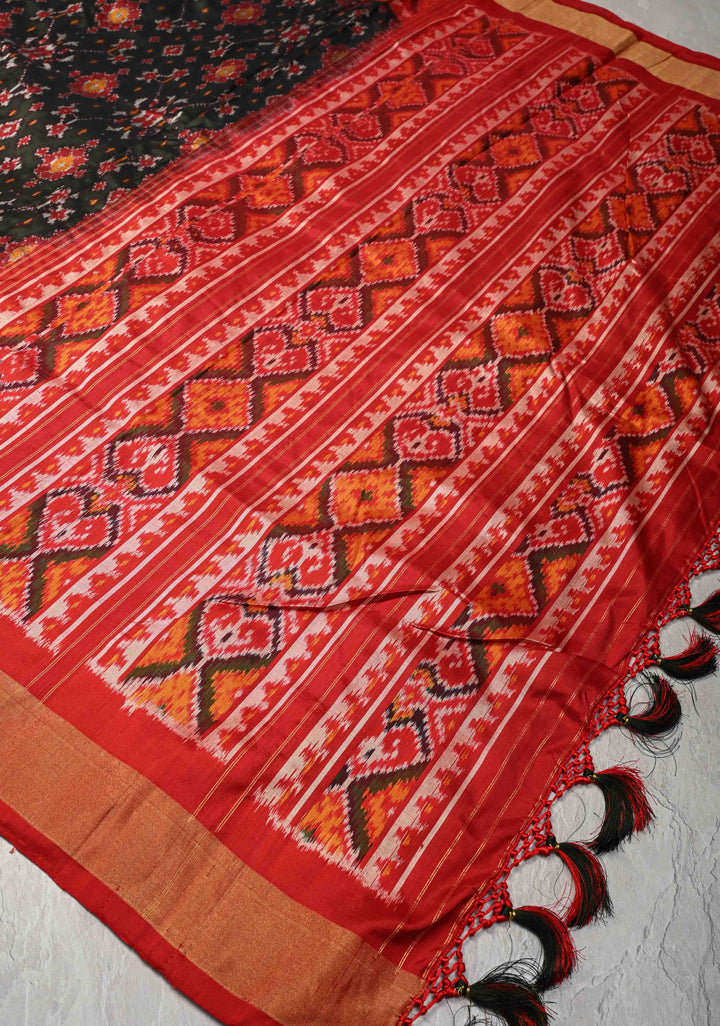 Black Pochampally Ikkat Pure Silk Saree with Brocade and Contrast Zari Border  | SILK MARK CERTIFIED