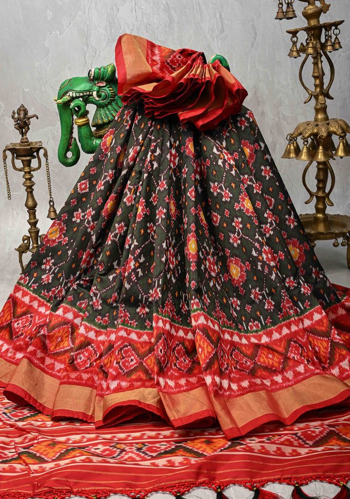 Black Pochampally Ikkat Pure Silk Saree with Brocade and Contrast Zari Border  | SILK MARK CERTIFIED