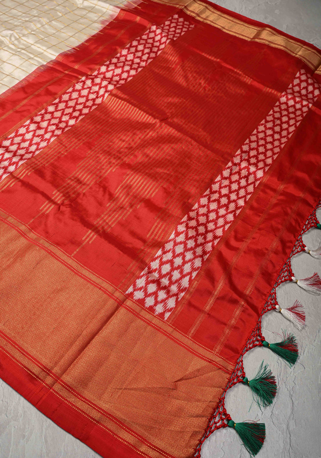 Off White Zari Checks on Pochampally Ikkat Kanjivaram Pure Silk Saree with Panel and Contrast Zari Border  | SILK MARK CERTIFIED