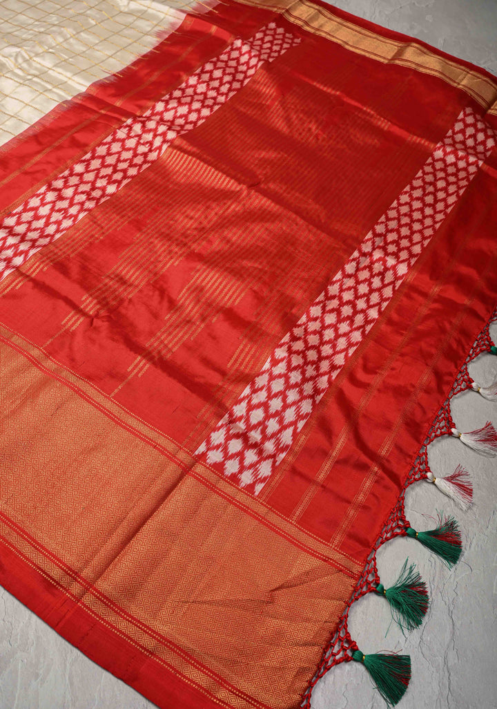 Off White Zari Checks on Pochampally Ikkat Kanjivaram Pure Silk Saree with Panel and Contrast Zari Border  | SILK MARK CERTIFIED