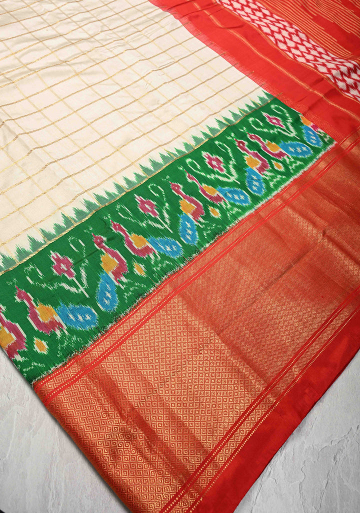 Off White Zari Checks on Pochampally Ikkat Kanjivaram Pure Silk Saree with Panel and Contrast Zari Border  | SILK MARK CERTIFIED