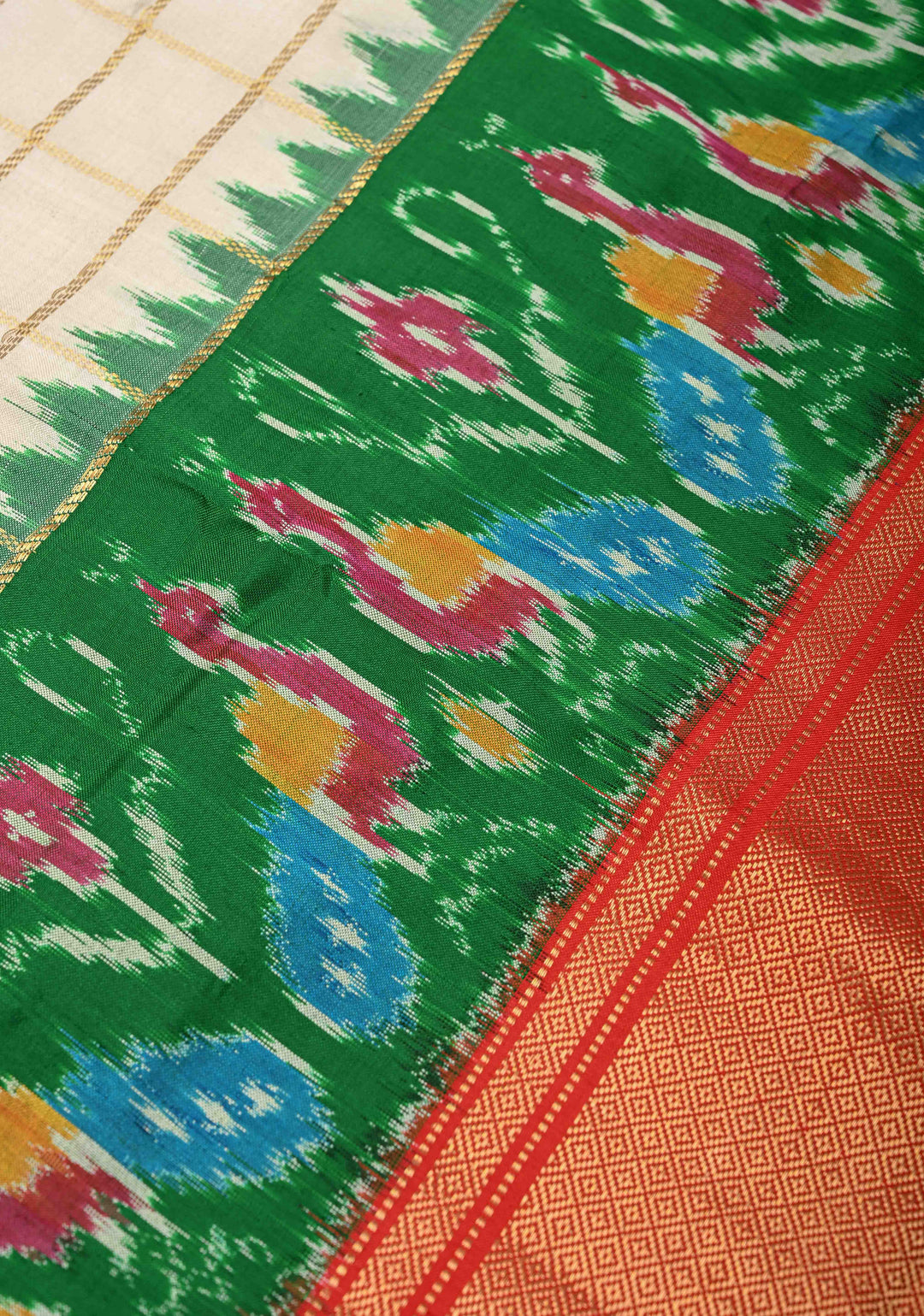 Off White Zari Checks on Pochampally Ikkat Kanjivaram Pure Silk Saree with Panel and Contrast Zari Border  | SILK MARK CERTIFIED