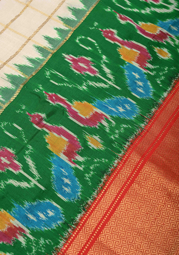 Off White Zari Checks on Pochampally Ikkat Kanjivaram Pure Silk Saree with Panel and Contrast Zari Border  | SILK MARK CERTIFIED