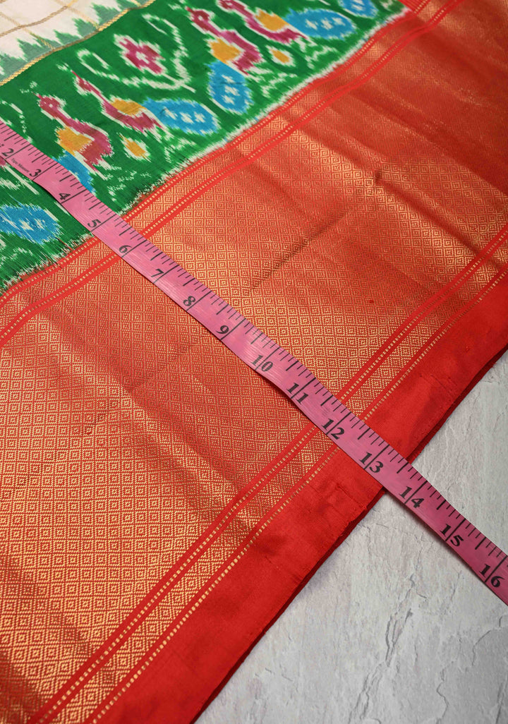 Off White Zari Checks on Pochampally Ikkat Kanjivaram Pure Silk Saree with Panel and Contrast Zari Border  | SILK MARK CERTIFIED