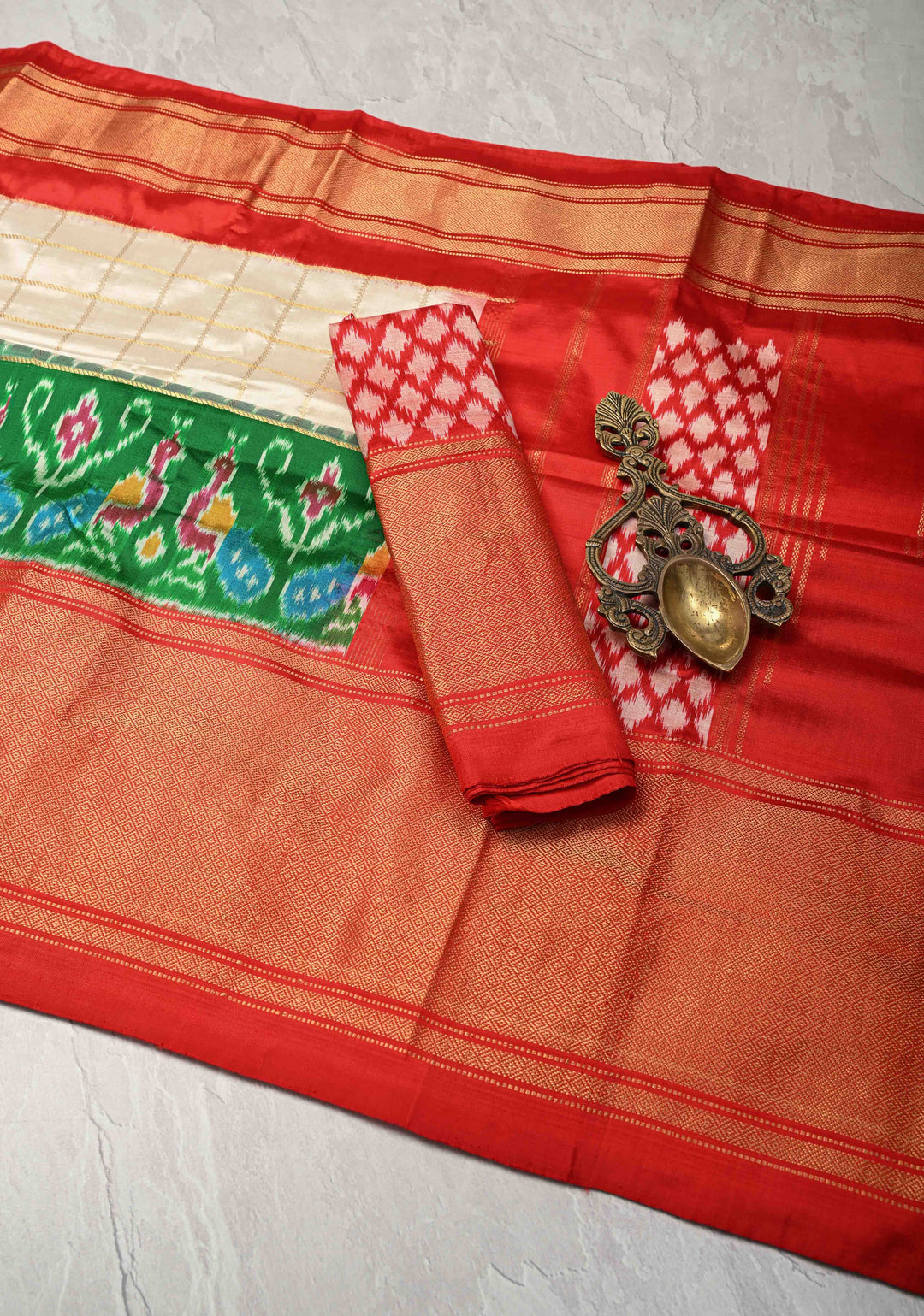 Off White Zari Checks on Pochampally Ikkat Kanjivaram Pure Silk Saree with Panel and Contrast Zari Border  | SILK MARK CERTIFIED