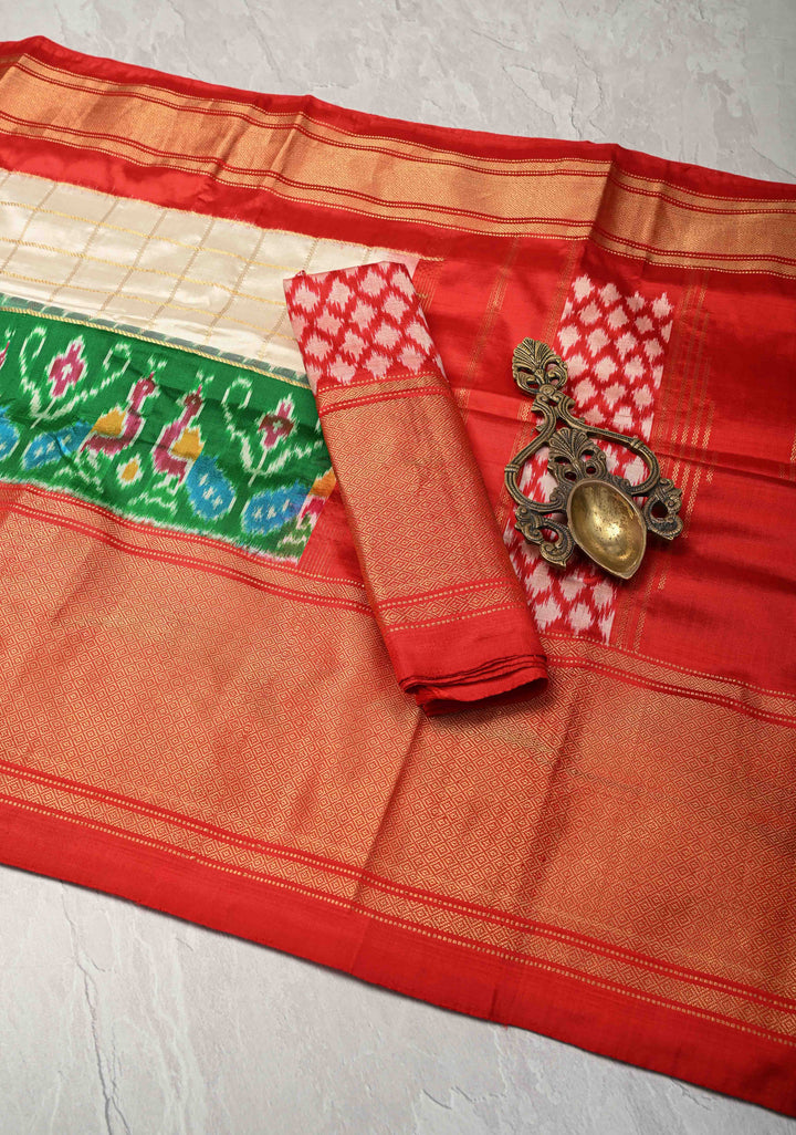 Off White Zari Checks on Pochampally Ikkat Kanjivaram Pure Silk Saree with Panel and Contrast Zari Border  | SILK MARK CERTIFIED