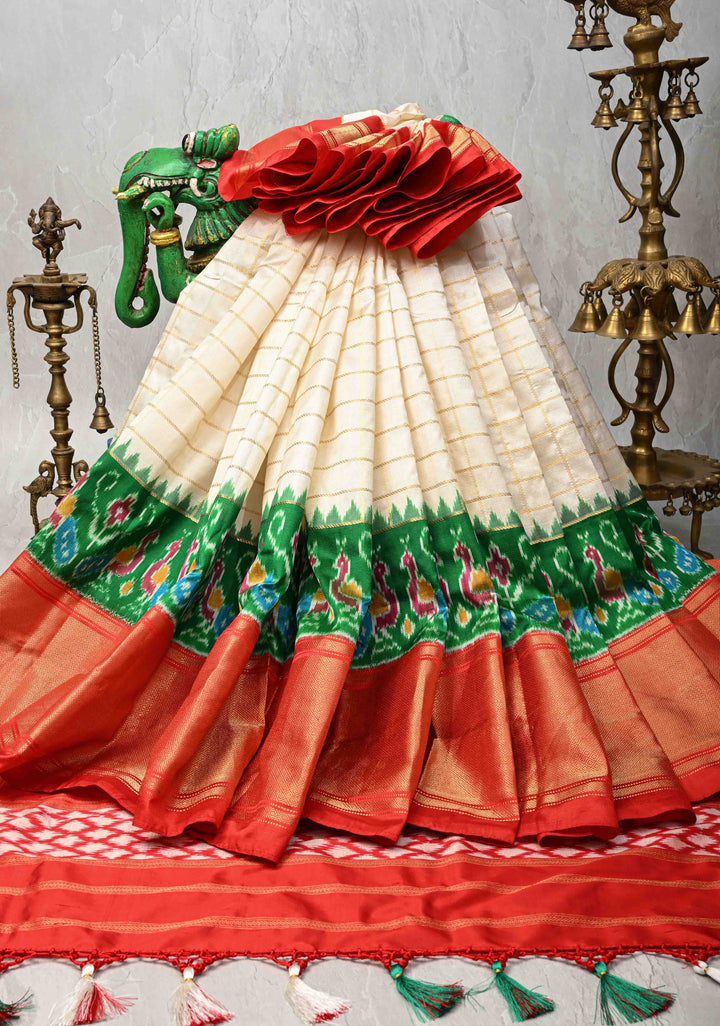 Off White Zari Checks on Pochampally Ikkat Kanjivaram Pure Silk Saree with Panel and Contrast Zari Border  | SILK MARK CERTIFIED