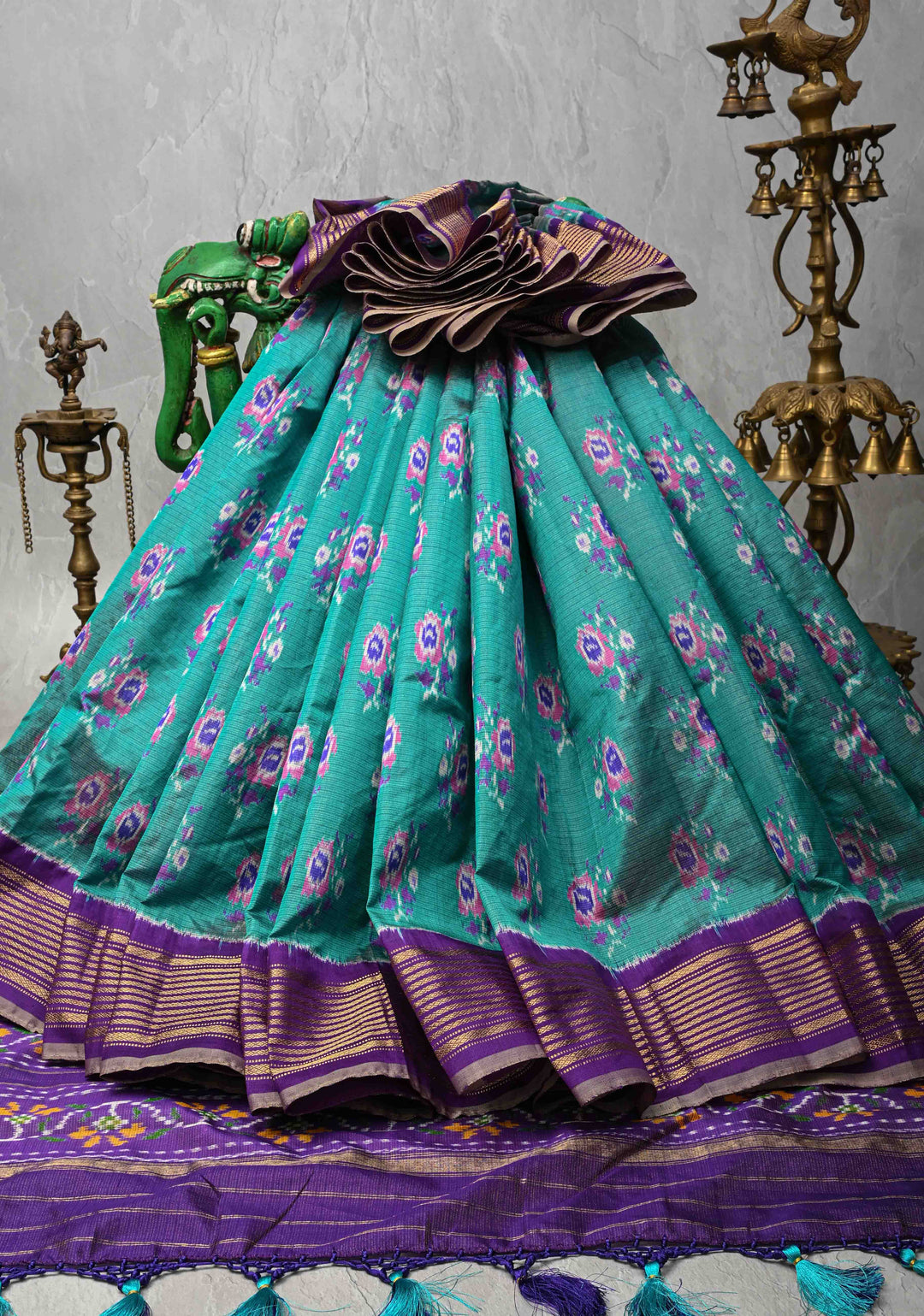 Teal Pochampally Kota Tissue Ikkat Pure Silk Saree with Floral Buttas and Zari Border | SILK MARK CERTIFIED