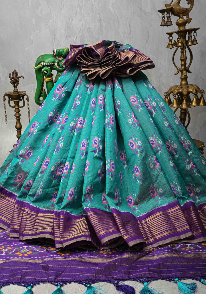 Teal Pochampally Kota Tissue Ikkat Pure Silk Saree with Floral Buttas and Zari Border | SILK MARK CERTIFIED