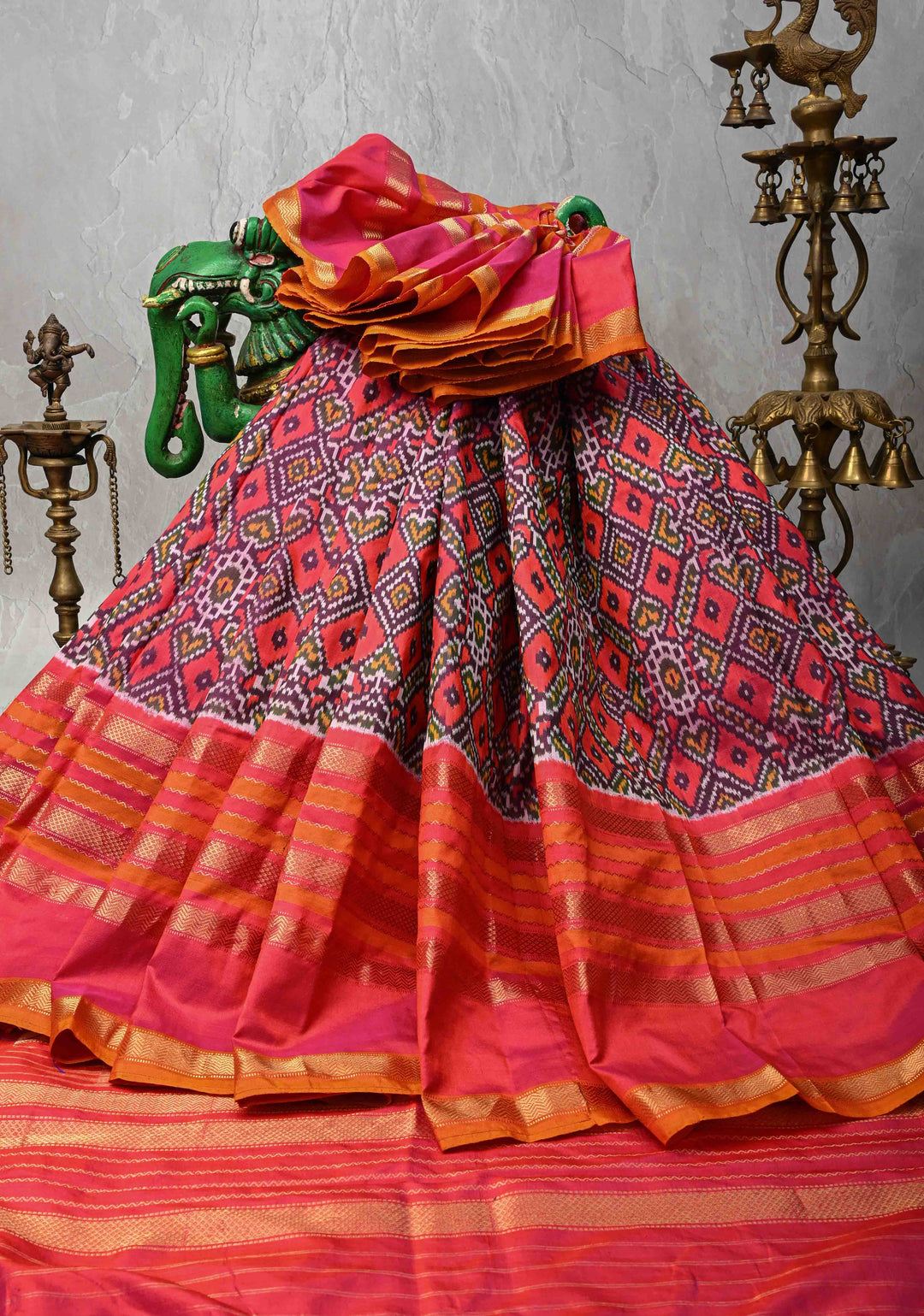 Purple Ikkat Patola Kanjivaram Fusion Silk Saree with Contrast Pink Zari Border | SILK MARK CERTIFIED
