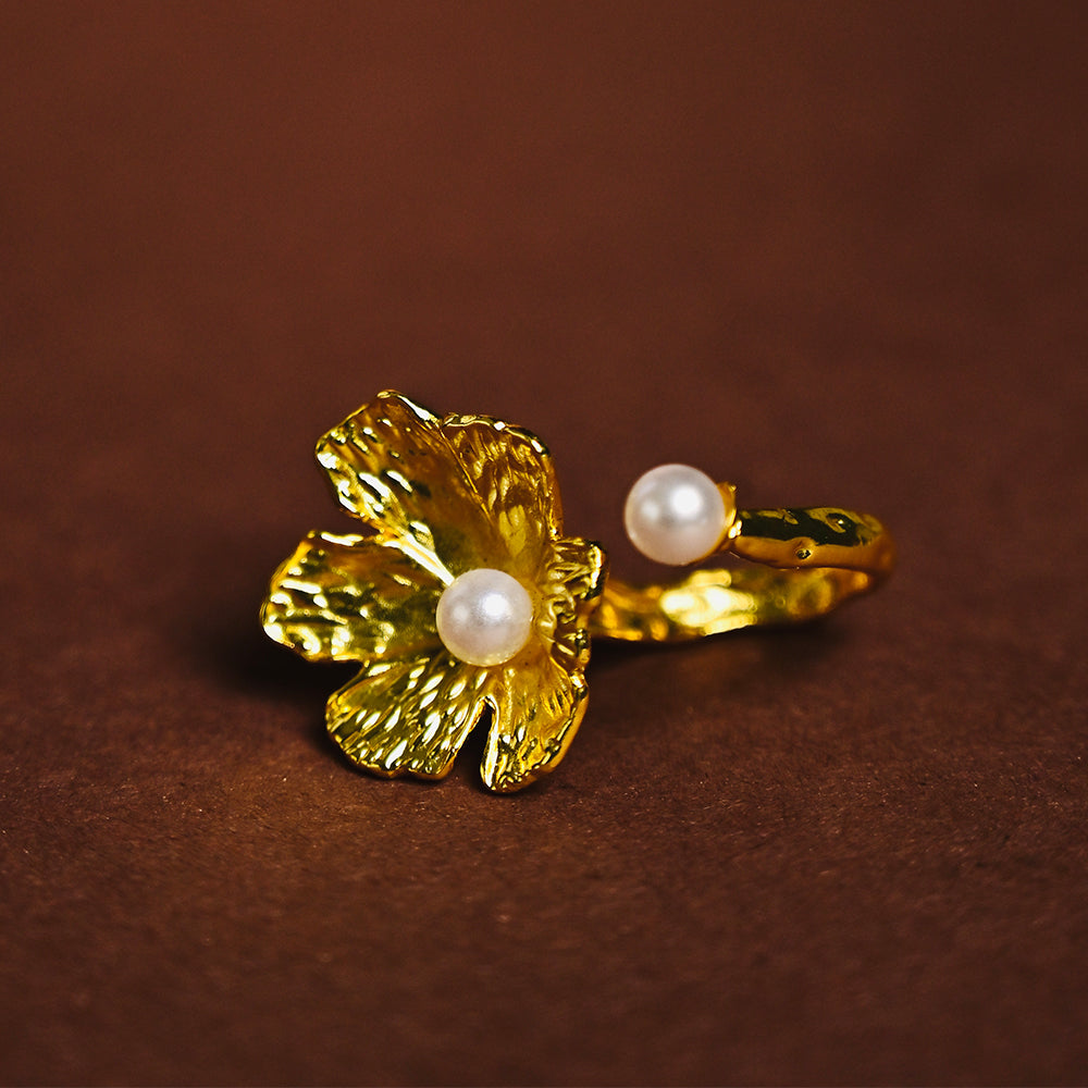 Gold Plated Flower Pearl Statement Ring  | SHOBITAM
