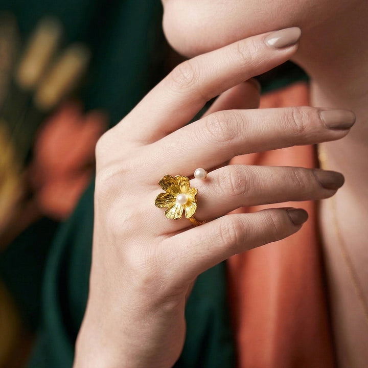 Gold Plated Flower Pearl Statement Ring  | SHOBITAM