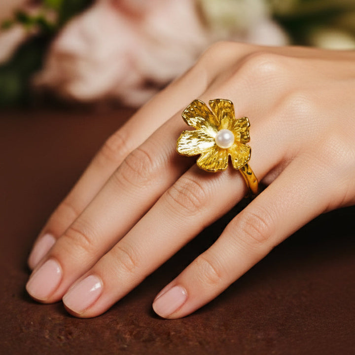 Gold Plated Flower Pearl Statement Ring  | SHOBITAM