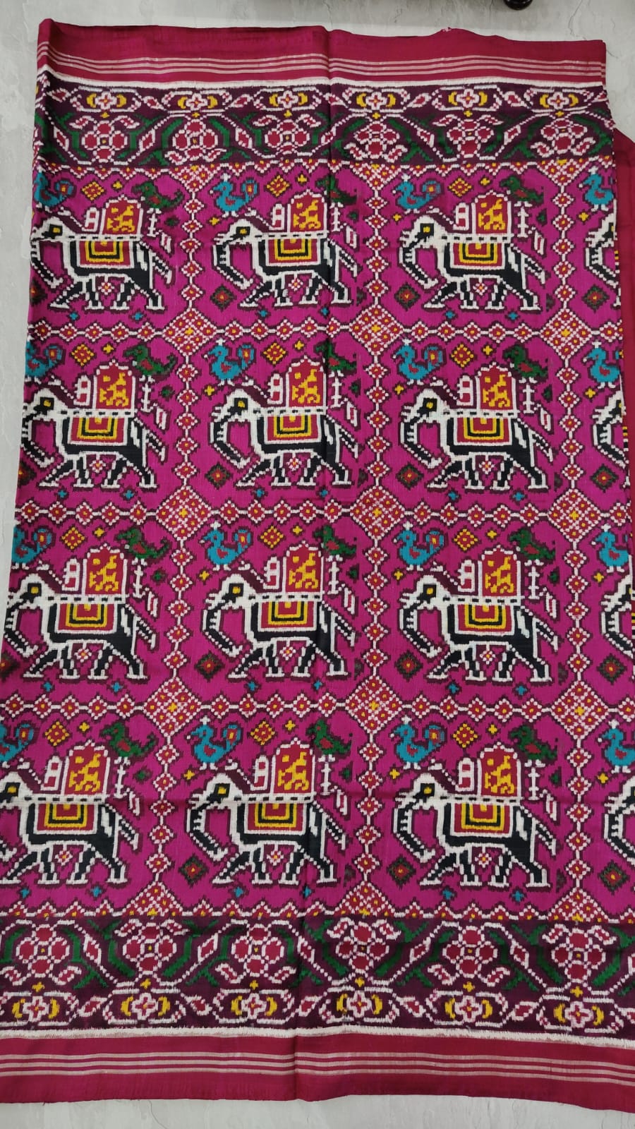 Authentic Double Ikkat Patan Patola Handwoven Saree in Magenta with Elephant Motifs | SILK MARK CERTIFIED