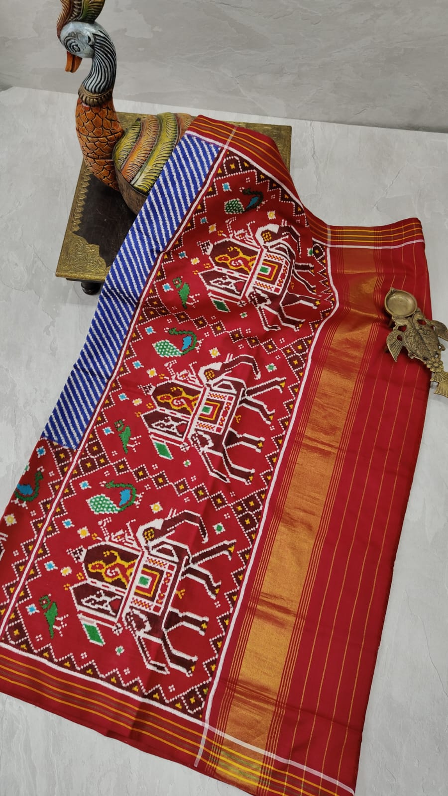 Celebrity Design Authentic Patan Patola Double Ikkat Weave Saree  with Diagonal Stripes and Royal Elephant Skirt Border | SILK MARK CERTIFIED
