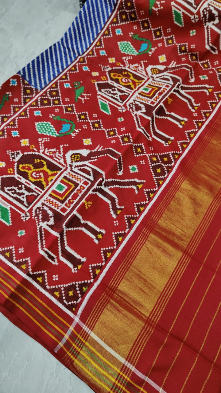 Celebrity Design Authentic Patan Patola Double Ikkat Weave Saree  with Diagonal Stripes and Royal Elephant Skirt Border | SILK MARK CERTIFIED