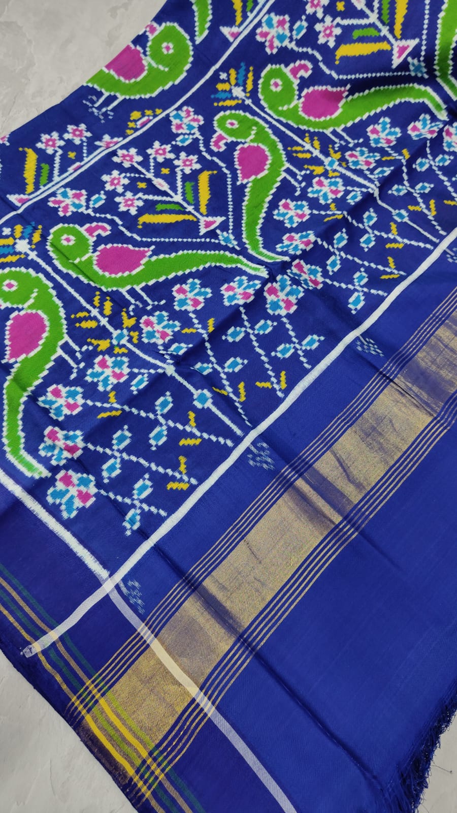 Authentic Double Ikkat Patan Patola Handwoven Saree in Blue with Parrot Motifs | SILK MARK CERTIFIED