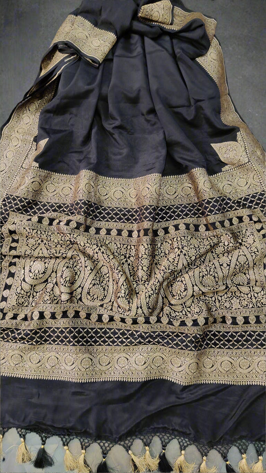 Black Pure Mysore Crepe Silk Saree with Koniya Motifs and Antique Zari Border | SILK MARK CERTIFIED