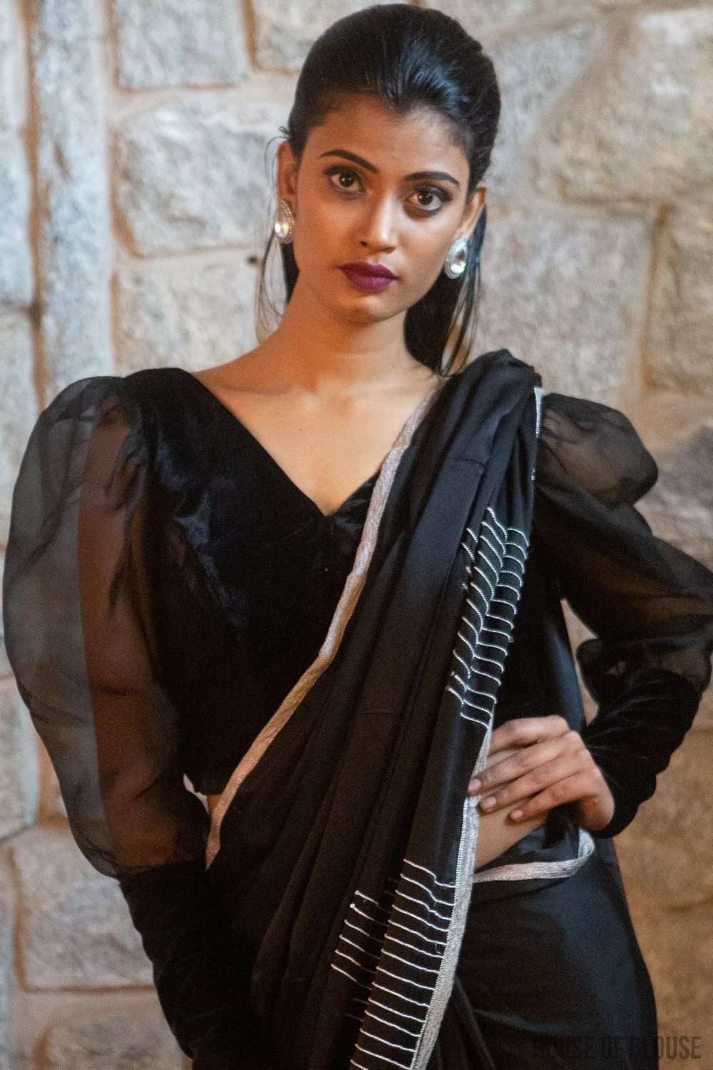 Black velvet blouse with organza long puff sleeves and wide cuffs