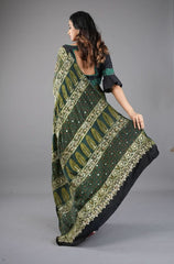 Ajrakh Hand Block Print on Green Modal Silk Saree with mirror and sequins Hand embroidery