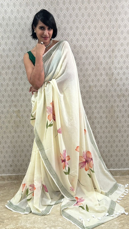 Aura Hand Painted Floral Cotton Saree | Shobitam