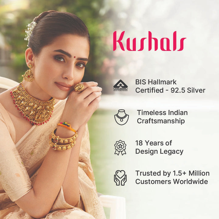 Pure 92.5 silver Oval Pattern Temple Pendant with Dangling Pearls | Shobitam