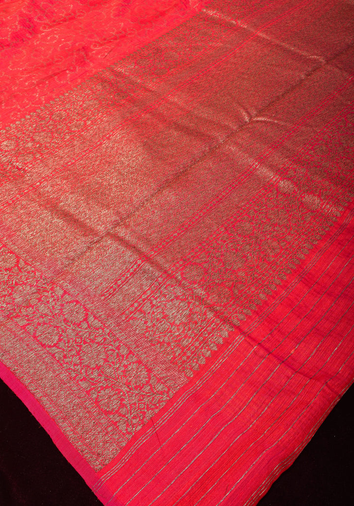 Authentic Banarasi Dotted Trellis pattern Pure Dupion Silk saree in Coral Pink with Kadhuwa Zari Border | SILK MARK CERTIFIED