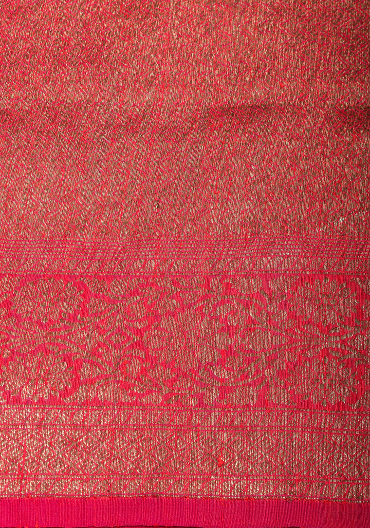 Authentic Banarasi Dotted Trellis pattern Pure Dupion Silk saree in Coral Pink with Kadhuwa Zari Border | SILK MARK CERTIFIED