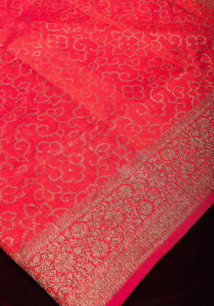 Authentic Banarasi Dotted Trellis pattern Pure Dupion Silk saree in Coral Pink with Kadhuwa Zari Border | SILK MARK CERTIFIED