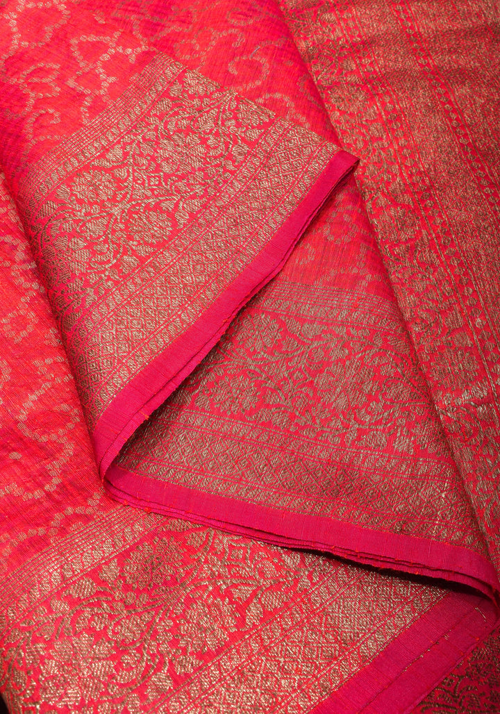 Authentic Banarasi Dotted Trellis pattern Pure Dupion Silk saree in Coral Pink with Kadhuwa Zari Border | SILK MARK CERTIFIED