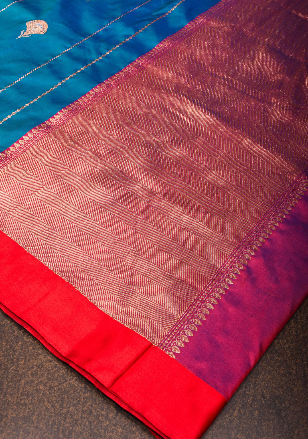 Banarasi Katan Silk Saree in Blue with Alfi Buttas and Zari Stripes  | SILK MARK CERTIFIED | Shobitam
