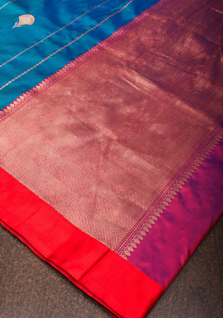 Banarasi Katan Silk Saree in Blue with Alfi Buttas and Zari Stripes  | SILK MARK CERTIFIED | Shobitam