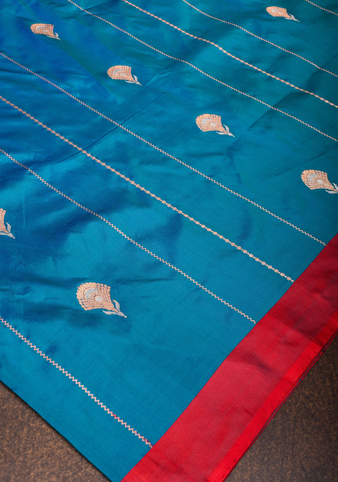 Banarasi Katan Silk Saree in Blue with Alfi Buttas and Zari Stripes  | SILK MARK CERTIFIED | Shobitam