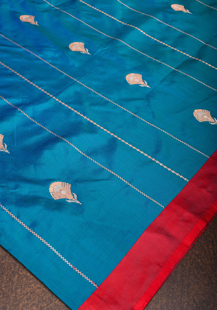 Banarasi Katan Silk Saree in Blue with Alfi Buttas and Zari Stripes  | SILK MARK CERTIFIED | Shobitam