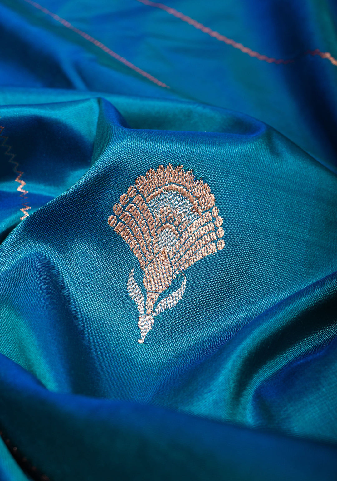 Banarasi Katan Silk Saree in Blue with Alfi Buttas and Zari Stripes  | SILK MARK CERTIFIED | Shobitam