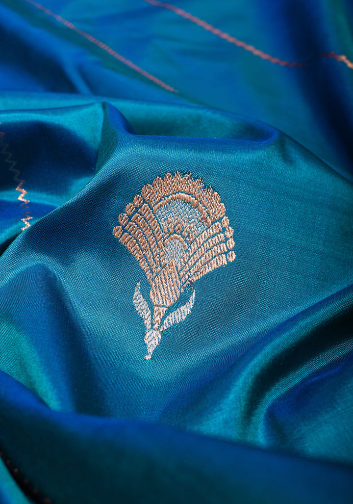 Banarasi Katan Silk Saree in Blue with Alfi Buttas and Zari Stripes  | SILK MARK CERTIFIED | Shobitam