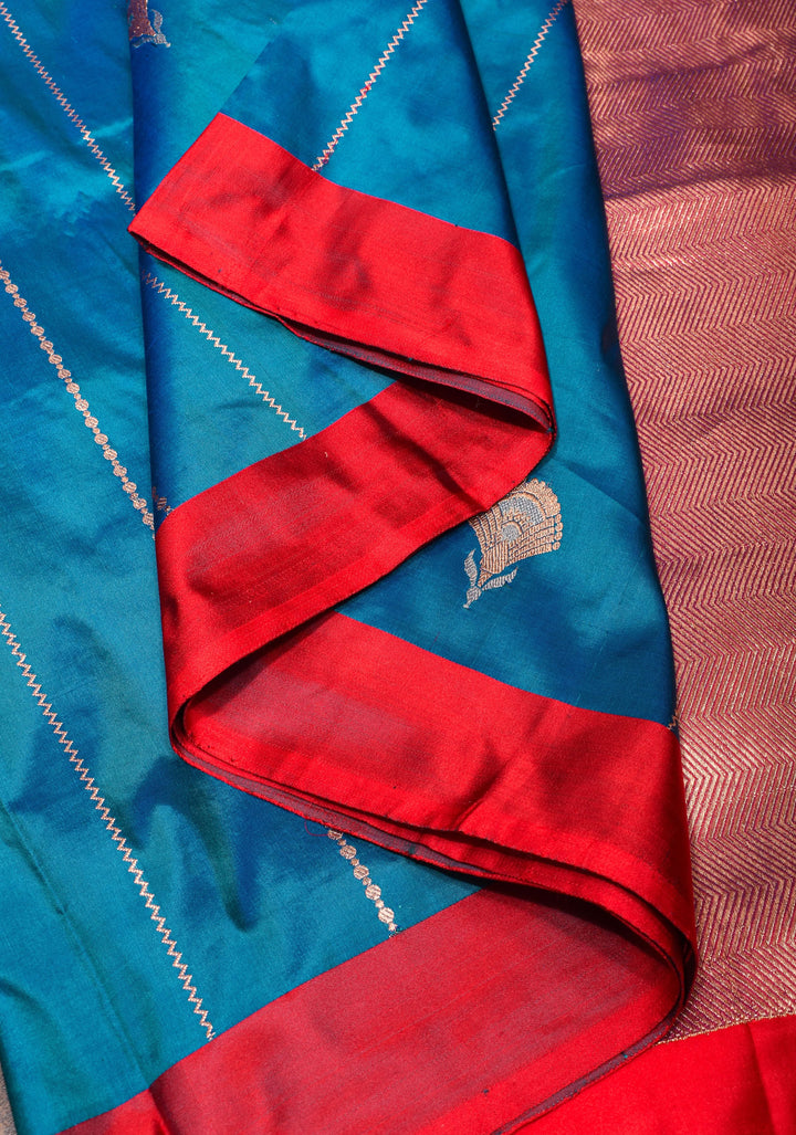 Banarasi Katan Silk Saree in Blue with Alfi Buttas and Zari Stripes  | SILK MARK CERTIFIED | Shobitam