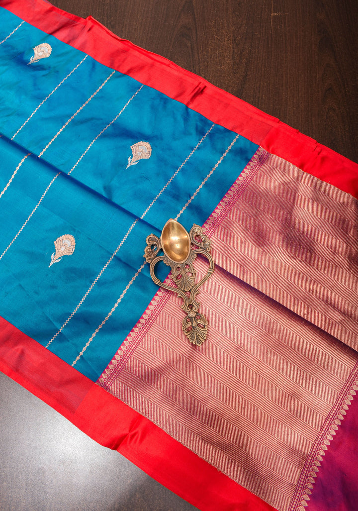 Banarasi Katan Silk Saree in Blue with Alfi Buttas and Zari Stripes  | SILK MARK CERTIFIED | Shobitam